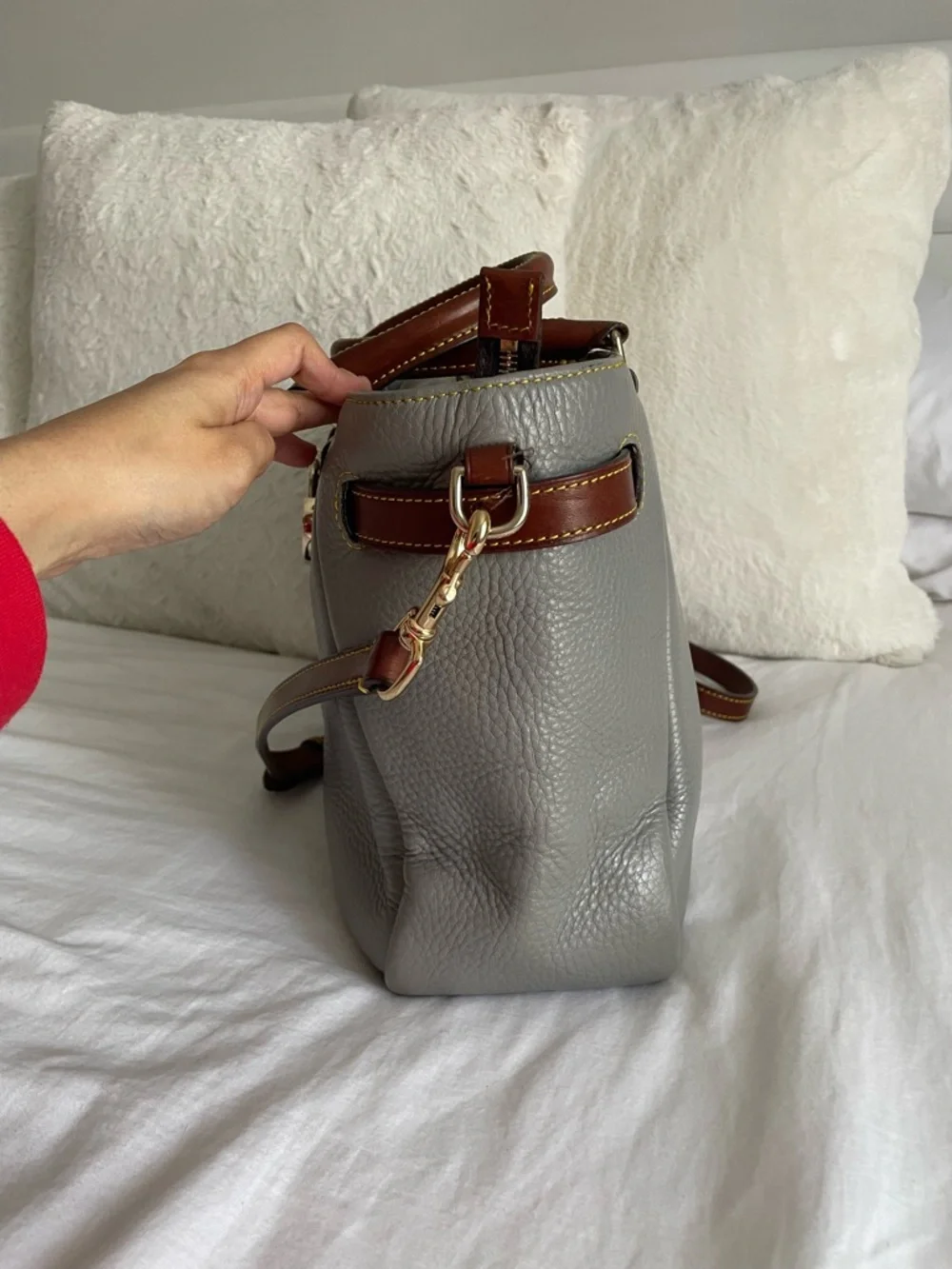 Dooney & Bourke Samba Leather Belted Shopper Satchel Gray Brown Crossbody